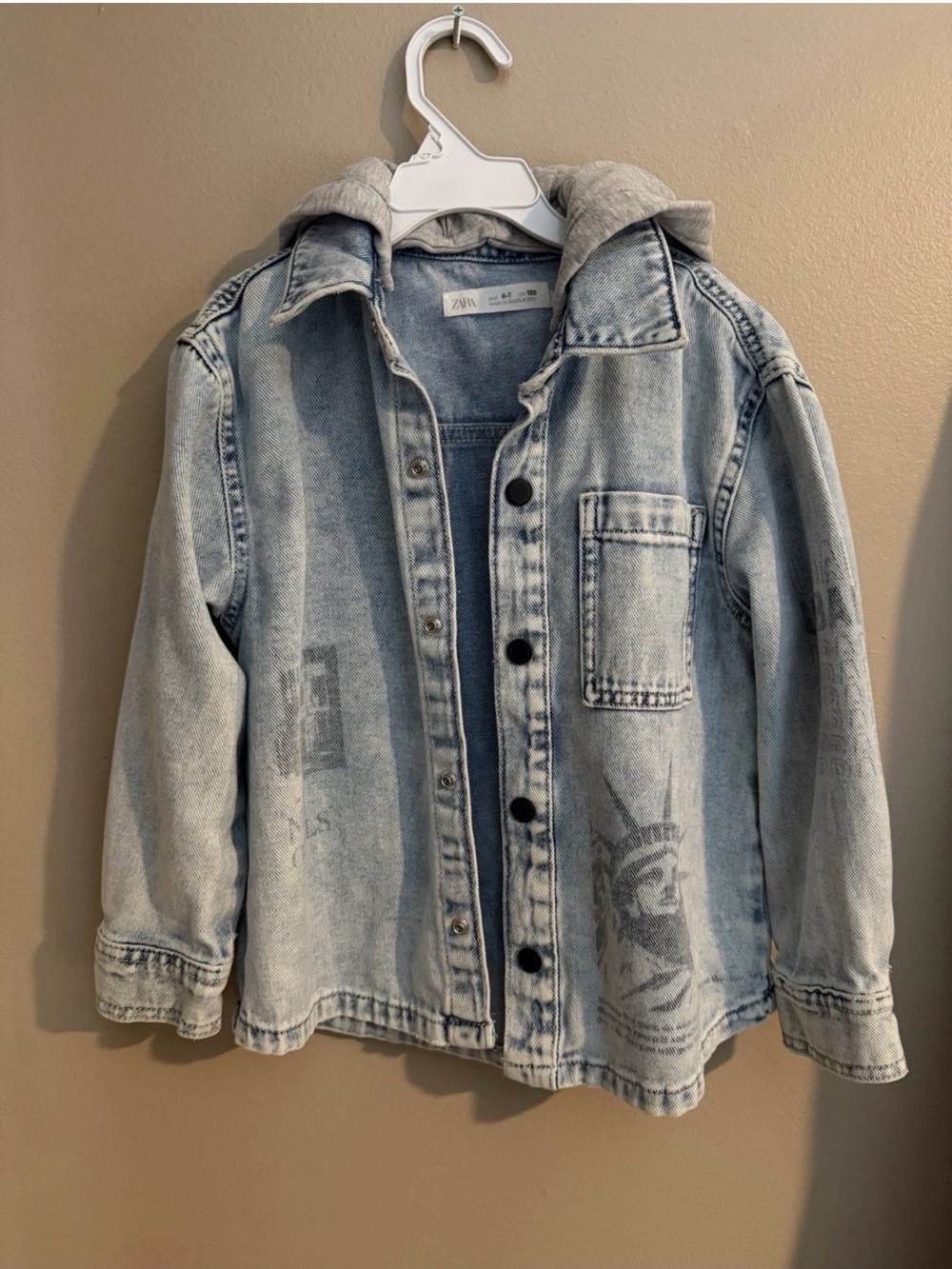 Zara Light Blue Washed Denim Jacket with Grey Hood size 6-7